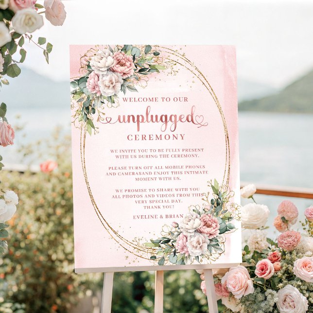 Light Pink Rose Gold Romantic Unplugged Ceremony  Poster (Light Pink Rose Gold Romantic Unplugged Ceremony Sign)