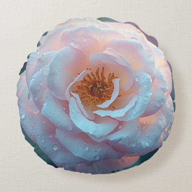Light Pink Rose With Dew Round Pillow (Front)