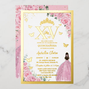 Light Pink Roses Floral Quinceanera Mis XV Gold