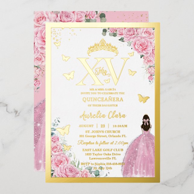Light Pink Roses Floral Quinceanera Mis XV Gold (Front/Back)