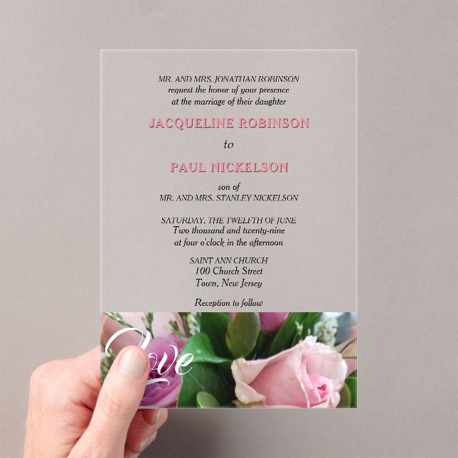 Light Pink Roses Love Bride and Groom Clear Acrylic Invitations (Insitu (Handheld))