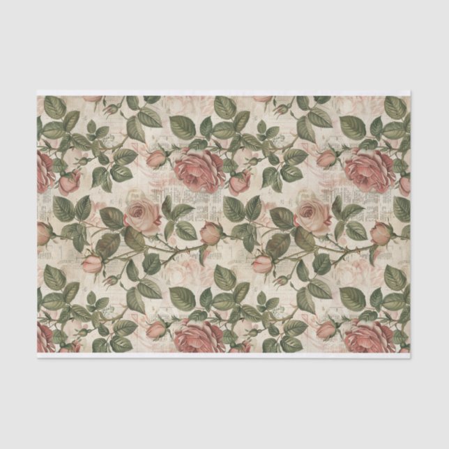 Light Pink Roses on Abstract Newsprint Pattern Tissue Paper (Front)