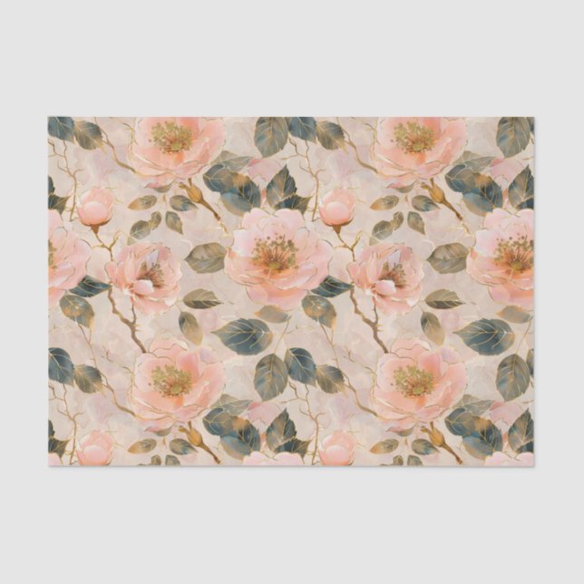Light Pink Roses Pattern with Gold Accents Tissue Paper (Front)