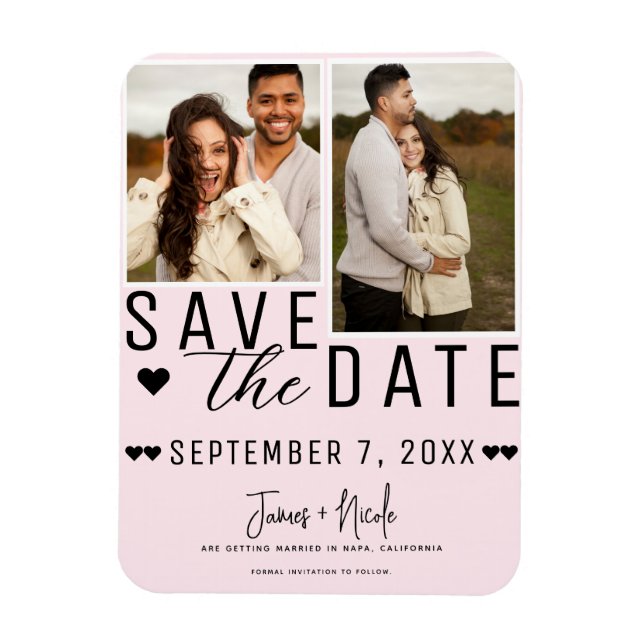 Light Pink Save the Date 2 Photo Wedding Magnet (Vertical)