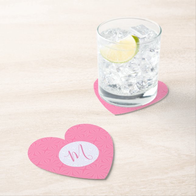 Light Pink Squiggly Squares Personal Initial Heart Paper Coaster (Insitu)