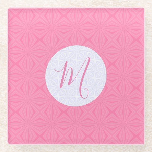 Light Pink Squiggly Squares Personalized Initial  Glass Coaster (Front)