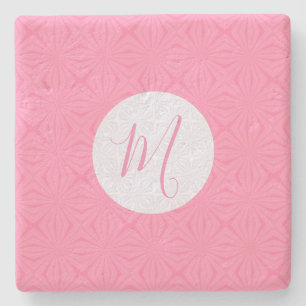 Light Pink Squiggly Squares Personalized Initial  Stone Coaster