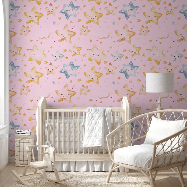 Light Pink Starry Night Pattern Wallpaper (Kids)