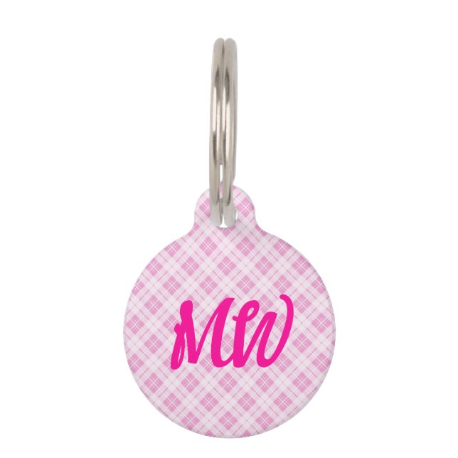 Light pink tartan Christmas pattern Monogram Pet Tag (Front)