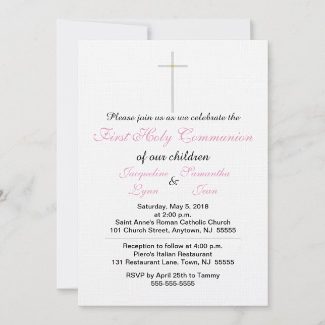 Light Pink Twin Girls First Holy Communion Invitation (Front)