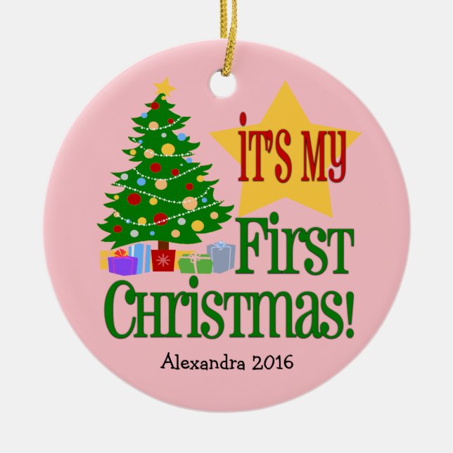 Light Pink  w/Tree Baby's First Christmas Ornament (Front)