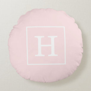 Light Pink White Framed Initial Monogram Round Pillow