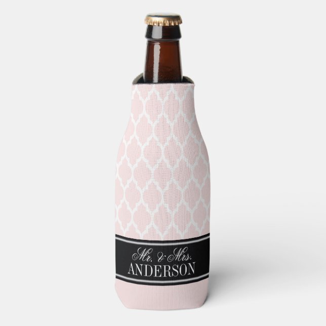 Light Pink White Moroccan #4 CB Black Name Wedding Bottle Cooler (Bottle Front)