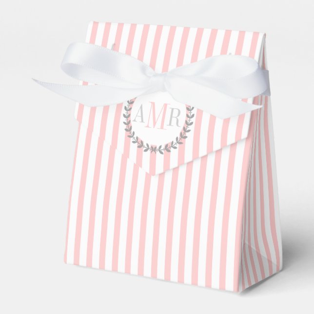 Light pink, white stripes monogram wedding favor box (Front Side)