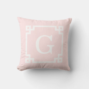 Light Pink Wht Greek Key Frame #2 Initial Monogram Throw Pillow