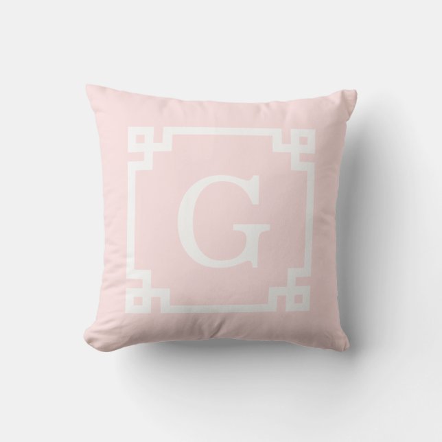 Light Pink Wht Greek Key Frame #2 Initial Monogram Throw Pillow (Front)