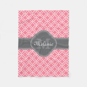 Light Pink Wht Moroccan Pattern Dark Grey Monogram Fleece Blanket