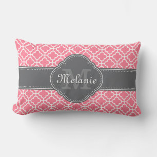 Light Pink Wht Moroccan Pattern Dark Grey Monogram Lumbar Pillow