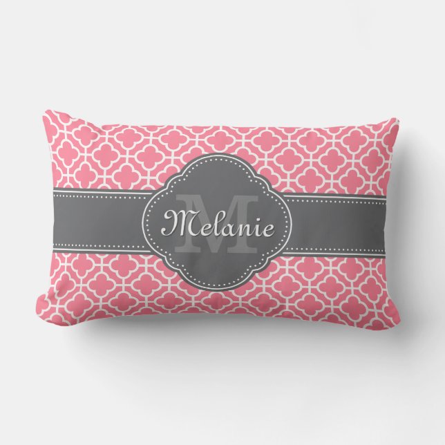 Light Pink Wht Moroccan Pattern Dark Grey Monogram Lumbar Pillow (Front)