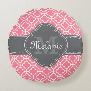 Light Pink Wht Moroccan Pattern Dark Grey Monogram Round Pillow