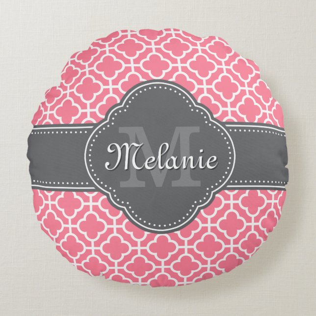 Light Pink Wht Moroccan Pattern Dark Grey Monogram Round Pillow (Front)
