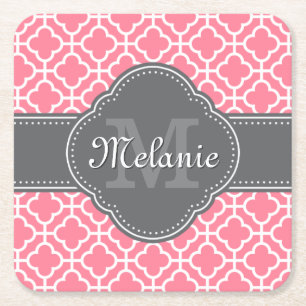 Light Pink Wht Moroccan Pattern Dark Grey Monogram Square Paper Coaster
