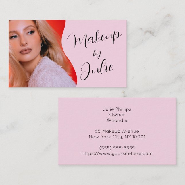 Light Pink with Black Script Photo Makeup Business Card (Front/Back)