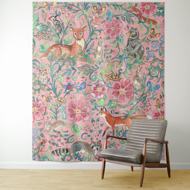 Light Pink Woodland Animal Deer Fox Rabbit Large  Tapestry (In Situ)