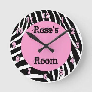 Light Pink Zebra Girls Room Wall Clock with Name