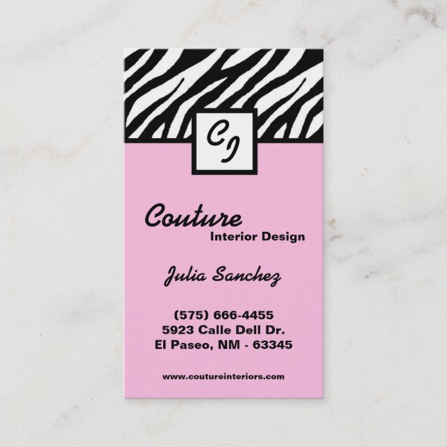 Light Pink Zebra Print Personalize Business Card (Front)