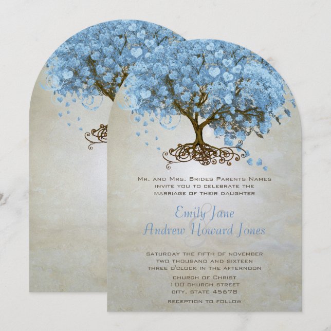 Light Powder Blue Heart Leaf Tree Wedding Invitation (Front/Back)