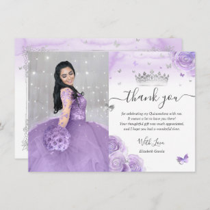 Light Purple and Silver Quinceañera Photo Birthday Thank You Card