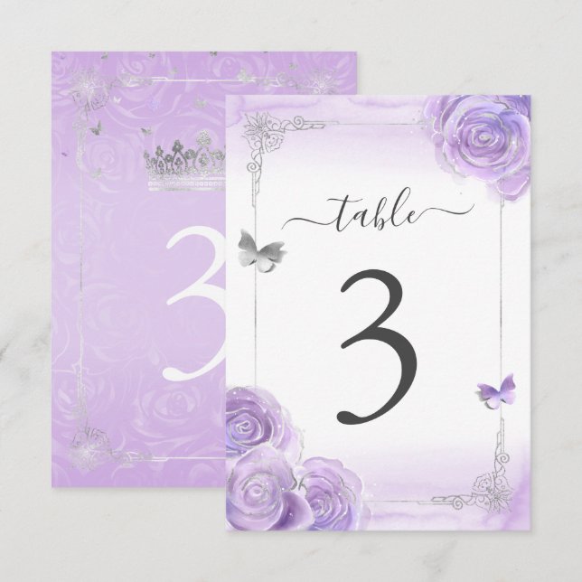 Light Purple and Silver Wedding Table Number Cards (Front/Back)