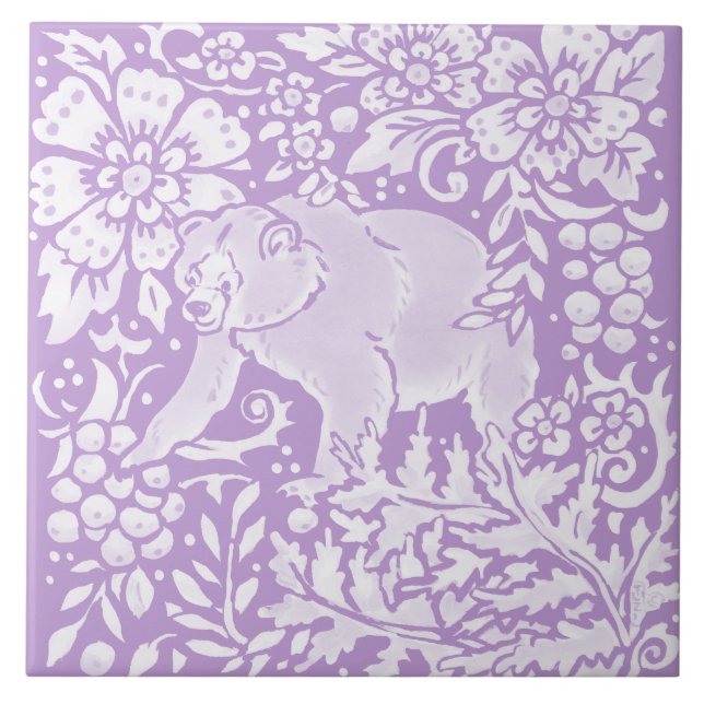 Light Purple Bear Floral Woodland Nature Tile (Front)