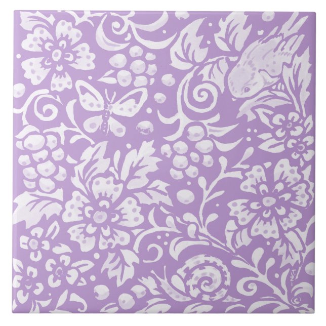 Light Purple Bird Snail Butterfly Floral Woodland Tile (Front)
