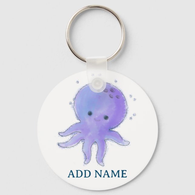 Light Purple Cute Octopus Watercolor Custom Name Keychain (Front)
