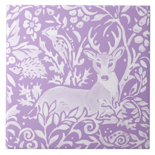 Light Purple Deer Bird Hedgehog Woodland Nature Tile (Front)