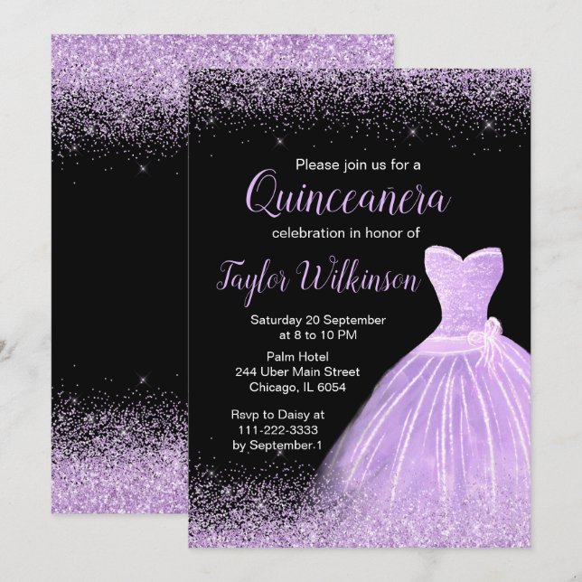 Light Purple Dress Faux Glitter Quinceanera Invitation (Front/Back)
