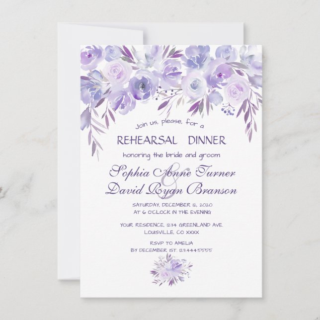 Light Purple Dusty Blue Floral Rehearsal Dinner Invitation (Front)