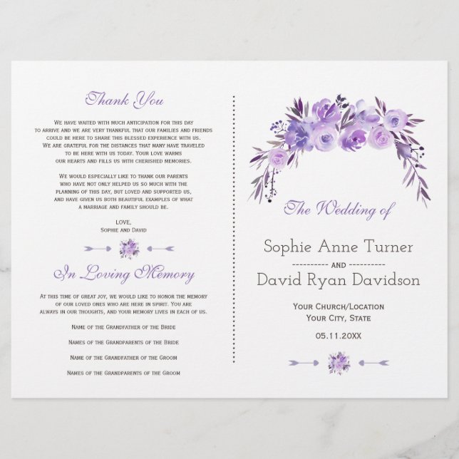 Light Purple Dusty Blue Floral Wedding Program (Front)