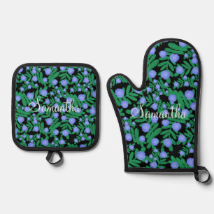 Light Purple Floral Flowers And Green Leaf Plants Oven Mitt & Pot Holder Set