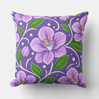 Light Purple Floral Pattern with Green Leaves Throw Pillow