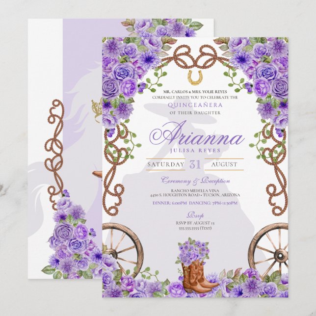 Light Purple Floral Western Charra Quinceañera Invitation (Front/Back)