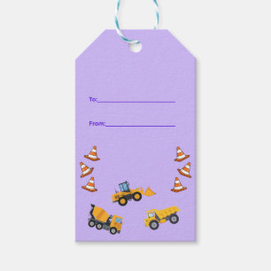 Light Purple Fun Construction Truck Birthday Gift Tags
