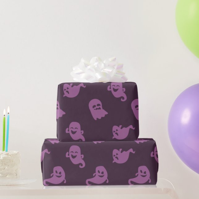 Light Purple Ghosts Dark Purple Halloween Wrapping Paper (Party Gifts)
