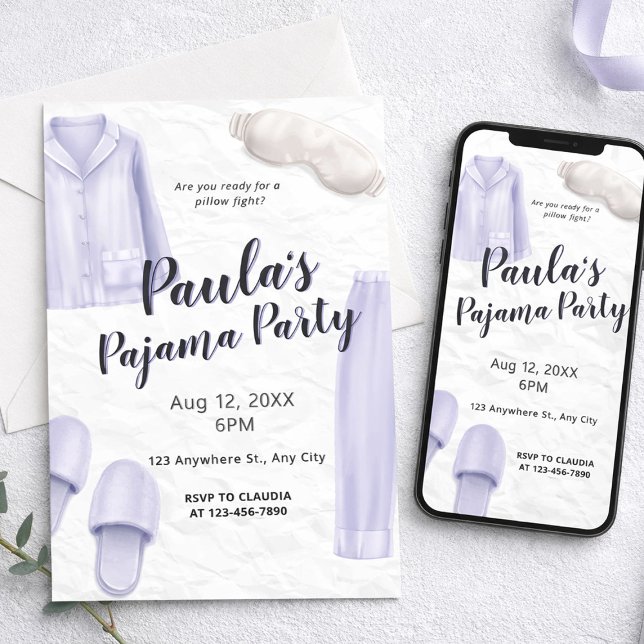 Light Purple Girls Sleepover Pajama Party Invitation (Light Purple Girls Sleepover Pajama Party Invitation, Girls Birthday Theme)