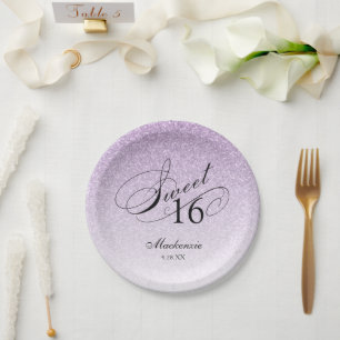 Light Purple Glitter Sweet 16 Personalized Paper Plate