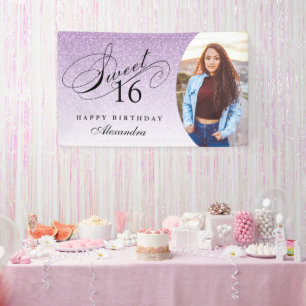 Light Purple Glitter Sweet 16 Personalized Photo Banner