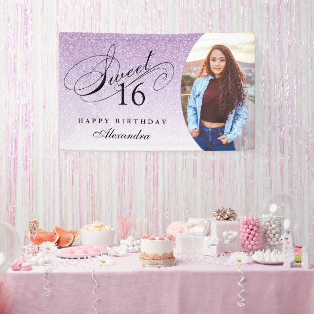 Light Purple Glitter Sweet 16 Personalized Photo Banner (Party)