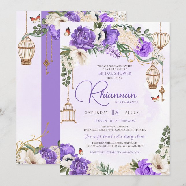 Light Purple Gold Floral Elegant Bridal Shower Invitation (Front/Back)